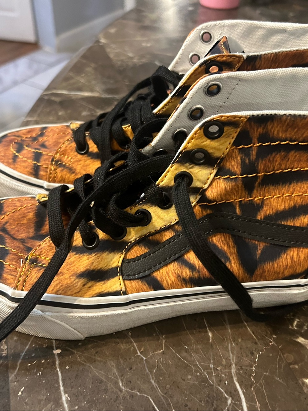 Vans High-Top Tiger Print Sneakers in Orange and Black womens 7